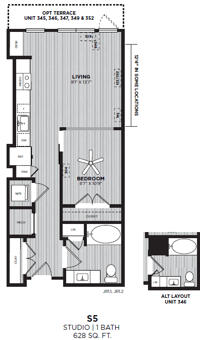 A floor plan of a studio apartment with a living room, bedroom, and bathroom.